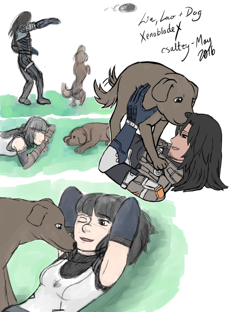 Digital sketches of Lao and Lin playing with dogs at a park.