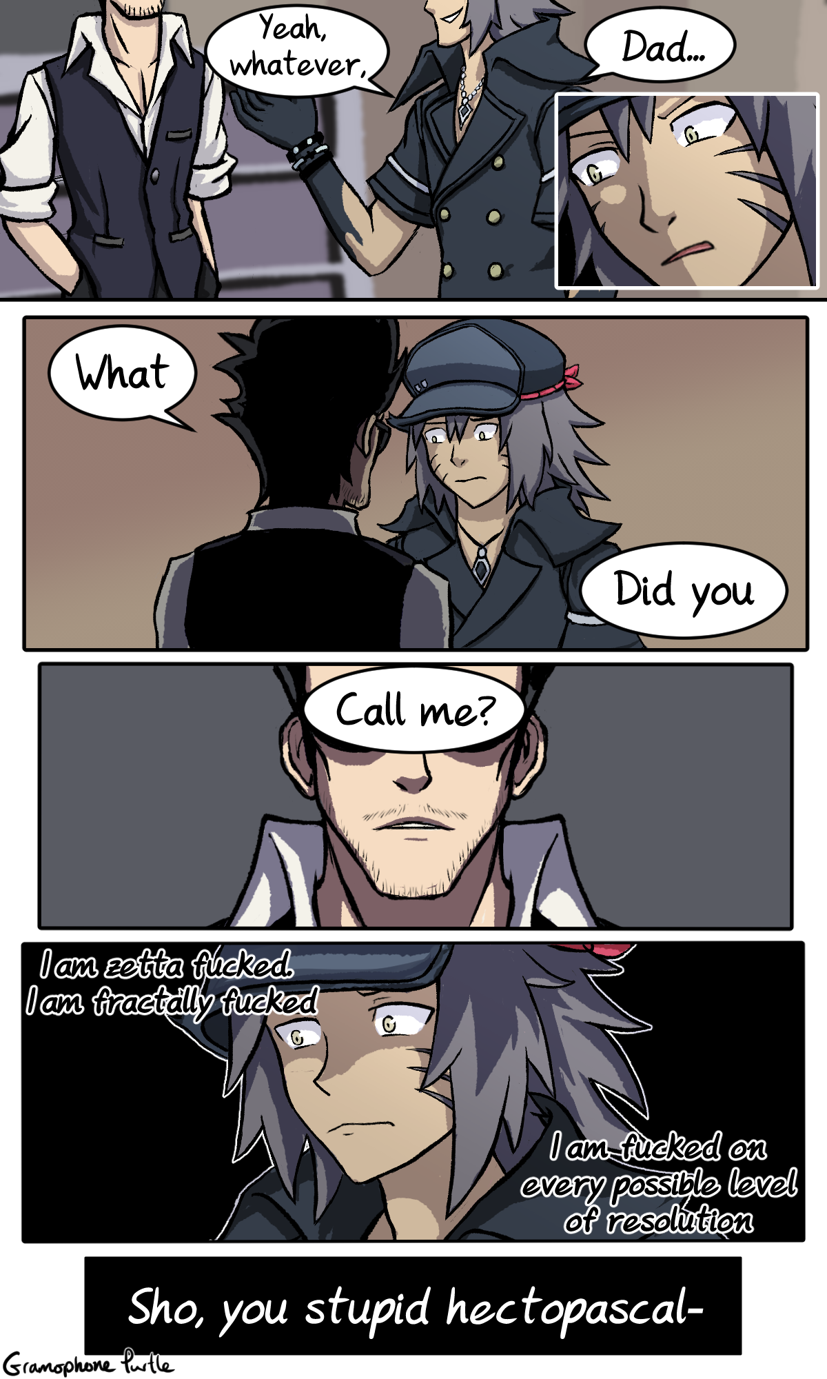 A comic of Sho talking with Hanekoma in the cafe. “Yeah, whatever, dad…”  Sho freezes once he realizes what he's said.  
Hanekoma is in front of him. “What...did you call me?” Sho berates 
himself but is cut off.