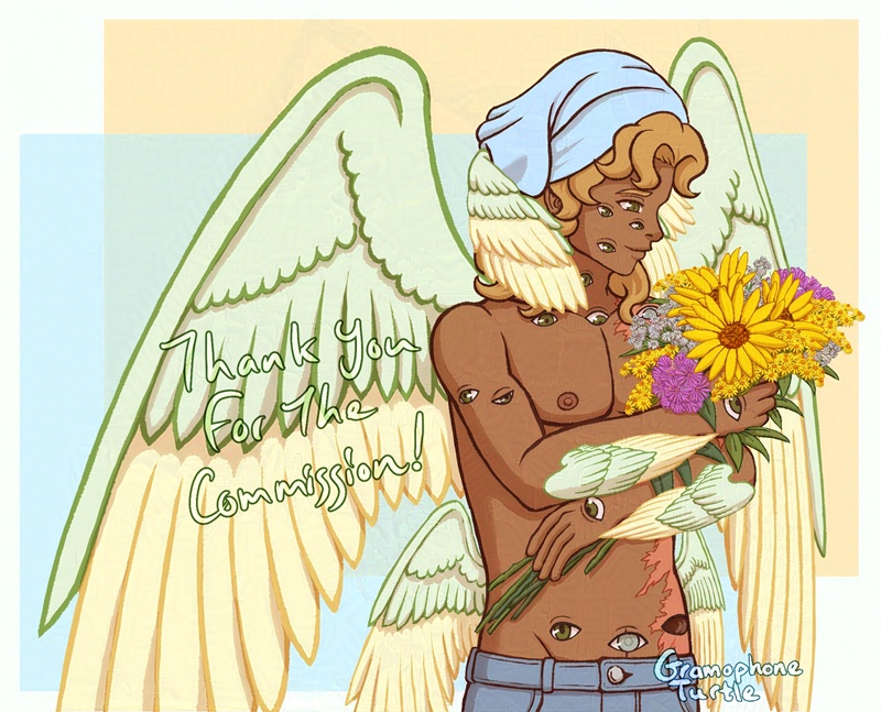 Digital art of a biblical angel holding a bouquet of flowers. He has numerous extra eyes over his body, most are normal, a few are blind, and one is empty and many pairs of wings on his head, back and forearms. He’s wearing a bandana and jeans as he looks down fondly at the bouquet of Maximilian sunflowers, goldenrod, baby’s breath and ironweed. There is some scarring visible on the left side of his body.