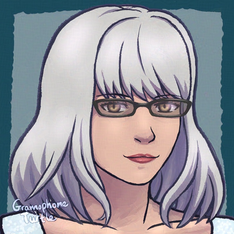 Digital art of a silver haired woman wearing black rimmed glasses. The OC belongs to calamitaswrath, a player avatar/cross from Xenoblade X.