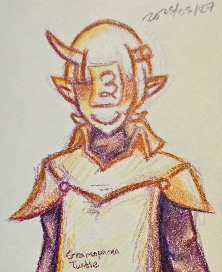 Coloured pencil crayon sketch of a character from Void Stranger who love to say "Ksi shi shi shi" when speaking to them. They have  short hair, pointed ears, and two horns growing from their forehead, with their right one partially cut off. They have a "curly 3" written on a piece of paper attached to their forehead.