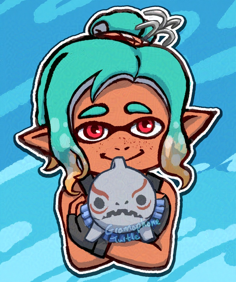 Digital art of an Inkling from Splatoon Raiders with freckles and light teal hair, dried and tied up. They're holding their ink tank attachment of which is some kind of sea creature.