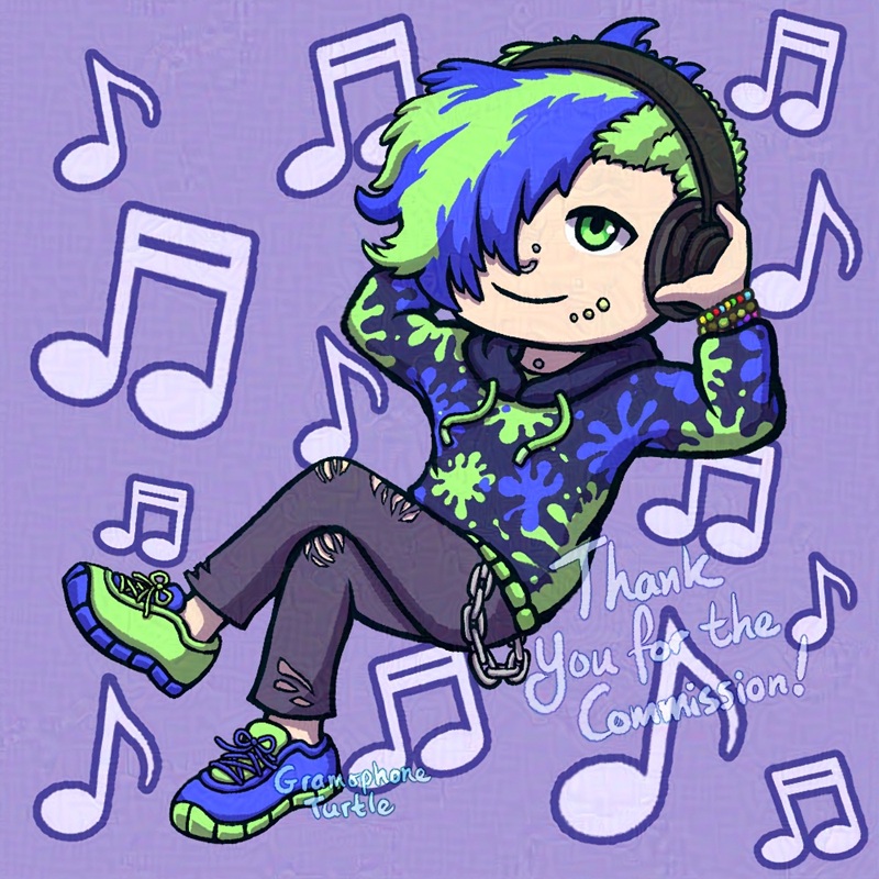 Digital art of a chibi OC, King, belonging to LinkOfHyrule0. King has colourful blue and green hair, splattered top and shoes. He is leaning back with his legs crossed and listening to music on his black headphones, bringing his hands up to touch the cups of his headphones. The purple background is filled with eighth and double sixteenth notes.