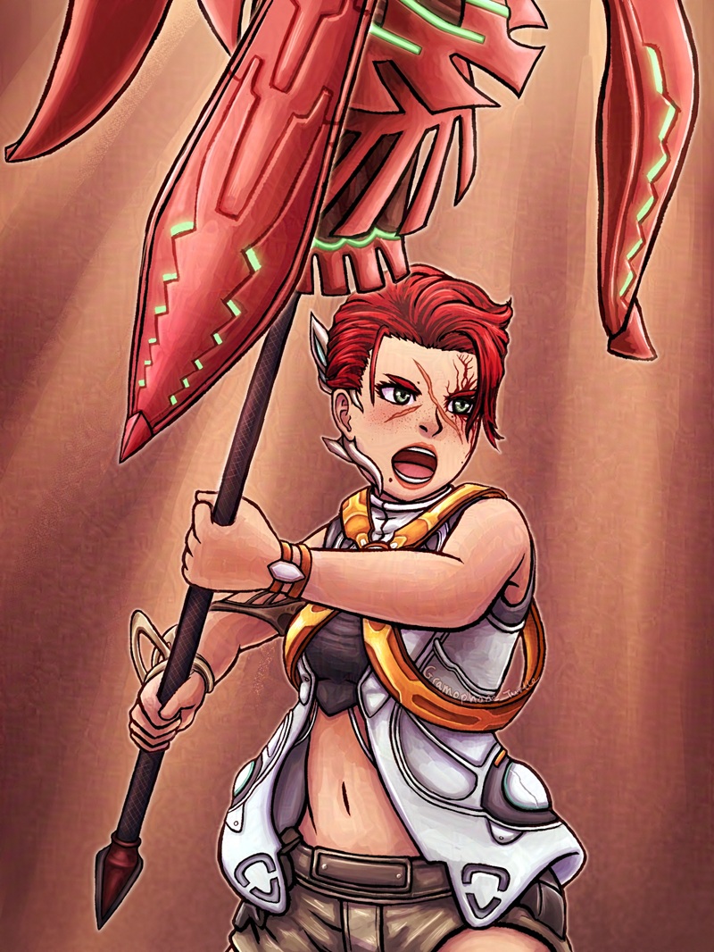 Digital art of a Xenoblade X avatar/Cross called Ignir, raising and thrusting her javelin upwards.