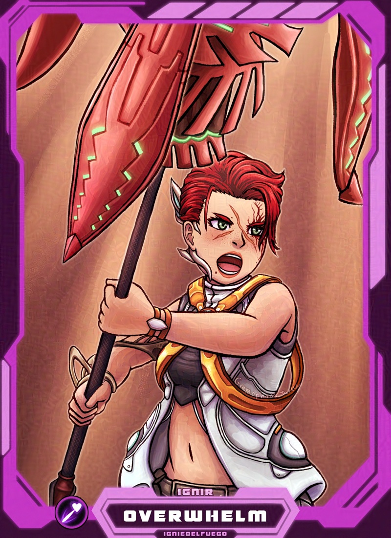 Digital art of a Xenoblade X avatar/Cross called Ignir, raising and thrusting her javelin upwards with a purple border. The Art's name "OVERWHELM" is written in white at the bottom, with "IGNIR" written above and "IGNIEDELFUEGO", the Cross's owner, written below.