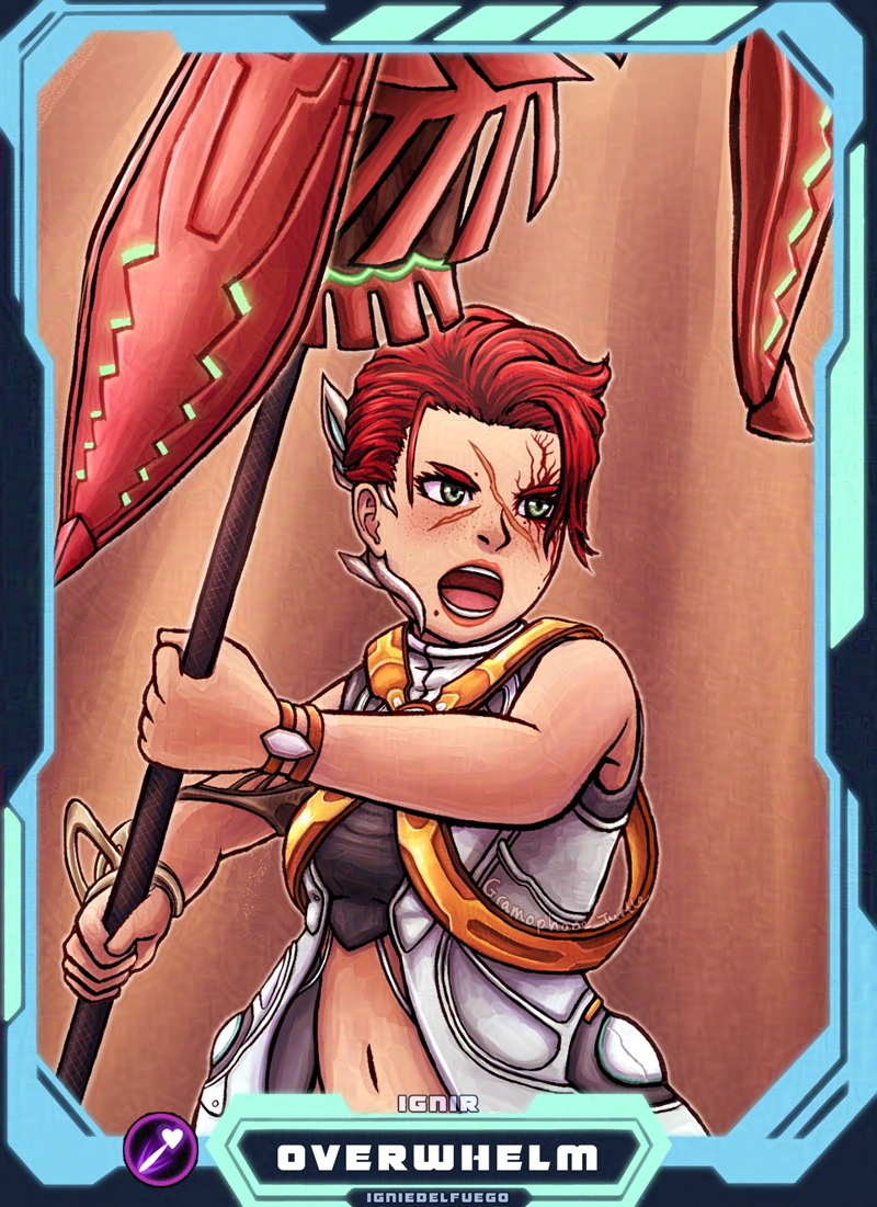 Digital art of a Xenoblade X avatar/Cross called Ignir, raising and thrusting her javelin upwards with a light blue and green border. The Art's name "OVERWHELM" is written in white at the bottom, with "IGNIR" written above and "IGNIEDELFUEGO", the Cross's owner, written below.