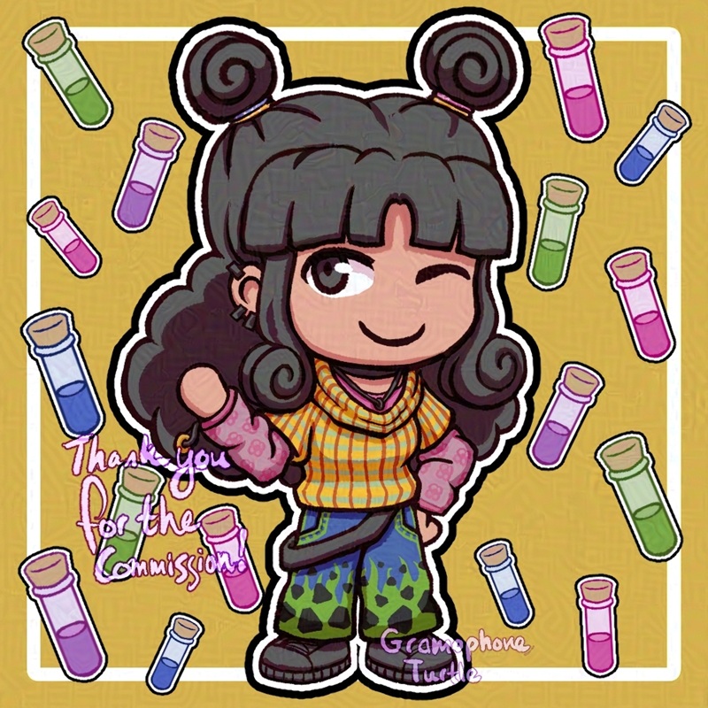Digital chibi art of RoQue who belongs to ClancyBee, winking with one arm raised in a wave and the other hand resting on her hip, with test tubes containing green, purple, pink and blue liquids floating over a yellow background and a white inner border. RoQue has long curly and poofy black hair with the top half pulled into twin buns at the top of her head. She’s wearing a yellow patterned shirt with a long pink shirt underneath, where one of her bangles with the talisman is poking out from her raised arm. Her long blue pants have fiery green like flames coming up from the bottom with floating black triangles and she has black shoes.