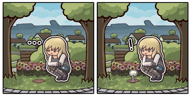 Digital comic featuring a Xenoblade X Cross, Rook, who belongs to tisorridalamor on Tumblr. Rook is crouching down looking intently at a patch of dirt in New LA's circular garden with the residential district in the background. In the first panel, Rook is looking seriously and has a "..." by her head. In the second panel, a Sylvalum puff flower appears and Rook is surprised and has a "!" by her head.