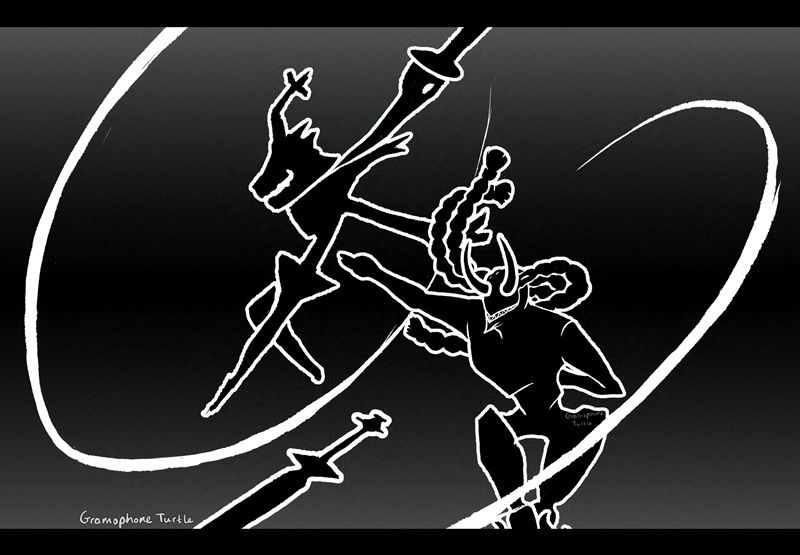 Digital art of full body of the Roaring Knight from Deltarune and 3/4 body of Loki from Persona 5, swinging their swords, with Loki matching the Roaring Knight's black body and white outline style. The Roaring Knight is at a side profile, with their sword swung down and around over their head. Loki's black body is bowed, at a 3/4 angle, with his sword slash effect causing an inversion over his body.