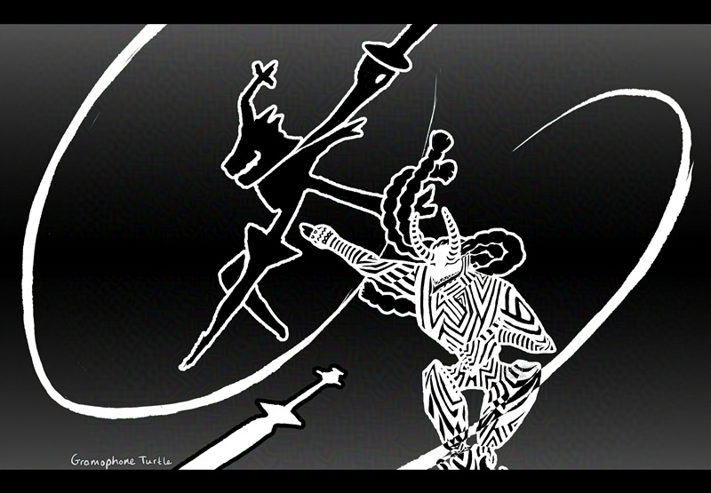 Digital art of full body of the Roaring Knight from Deltarune and 3/4 body of Loki from Persona 5, with an inverted body, swinging their swords. The Roaring Knight is at a side profile, with their sword swung down and around over their head. Loki's inverted striped self is bowed, at a 3/4 angle, with his sword slash effect causing an inversion over his body.