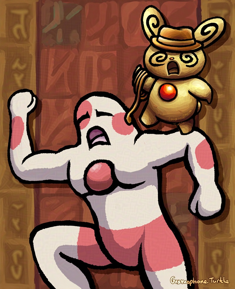 Digital art of a Spinda from Pokemon stylized like Skanda from La Mulana, balanced on the arm of a running Skanda from La Mulana stylized like a Spinda from Pokemon. Spinda is a bronze like with a a cowboy hat and whip with a red gem on their chest, mouth opened wide in sadness and their swirly eyes and squished as if they're sad. Skanda is in a running pose, but is light beige coloured with four red dots - two on the head and one on each arm. Red markings appear on the waist like shorts. The red gem is coloured like the red Spinda spots. The background has red/orange/yellow ruin like textures.