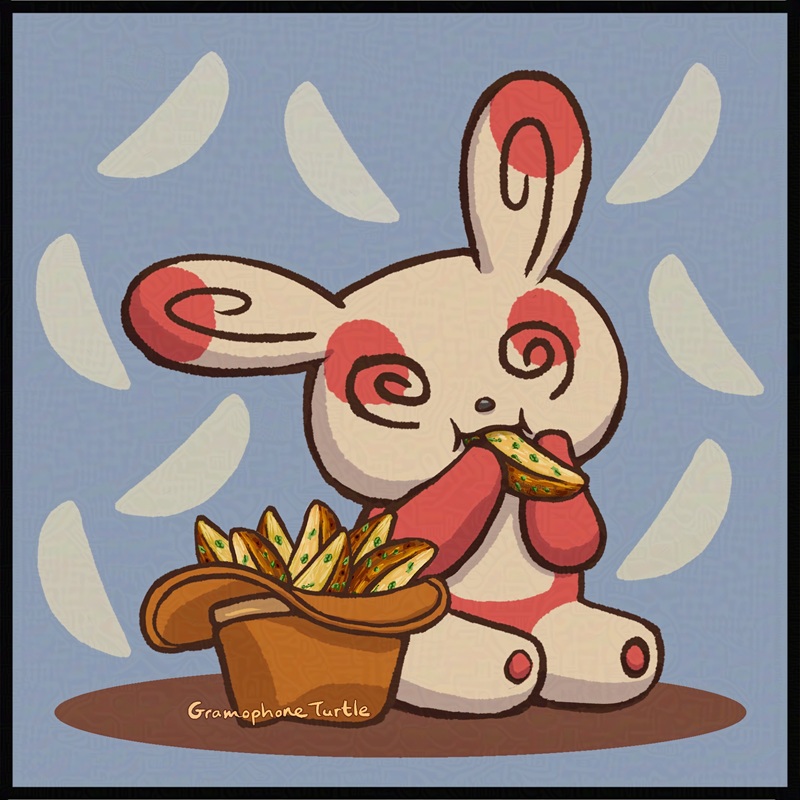 Digital art of a Spinda from Pokemon sitting down and eating a potato wedge. There are seven wedges in the cowboy hat next to the Spinda. The blue background has eight light potato wedges patterned over it.