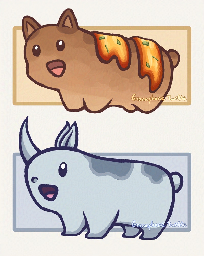 Digital art of two happy bean like animals with open smiling mouths. The top one is a brown bread or bun like cat with a tomato like sauce on its back with a round tail. The lower one is a light blue rhino with two darker spots on its back also with a round tail. 