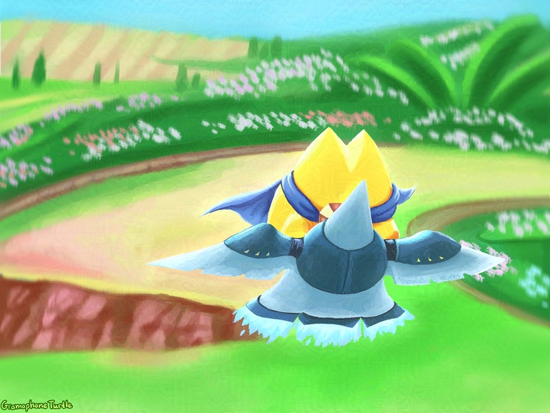 Digital art piece of Starman from Kirby Air Riders, riding on a Wing Star, flying up into the sky towards the viewer. There is a dirt raceway track below them surrounded by grass and flowers, with trees and a blue sky in the distance. It's signed by "Gramophone Turtle".