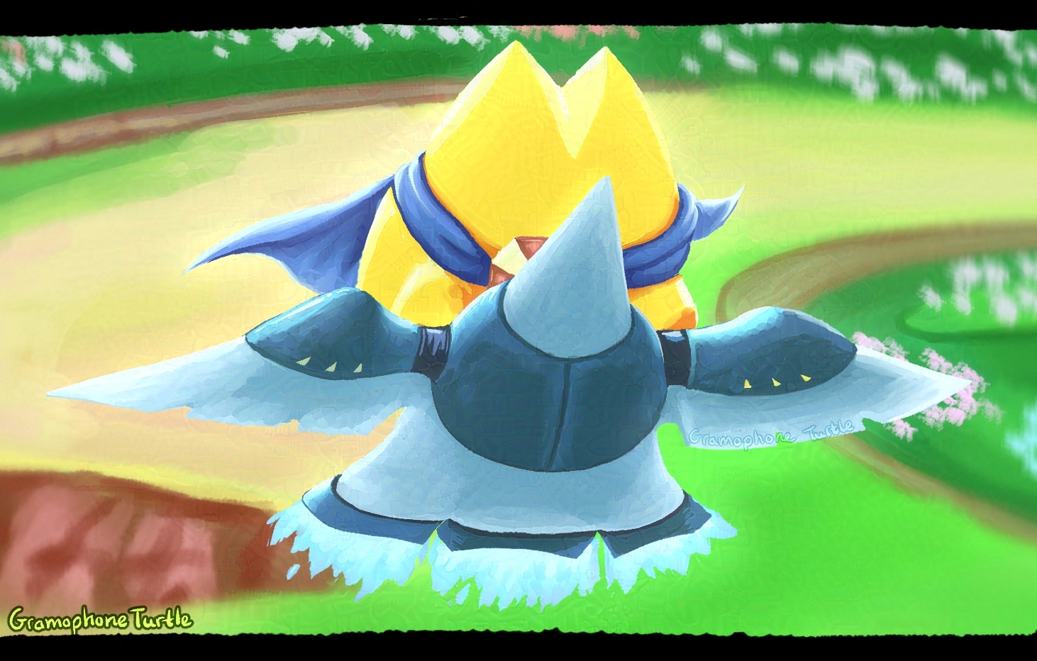 Close of up a digital art piece, focusing on Starman from Kirby Air Riders, riding on a Wing Star, flying up into the sky towards the viewer. There is a dirt raceway track below them surrounded by grass and flowers. It's signed by "Gramophone Turtle".