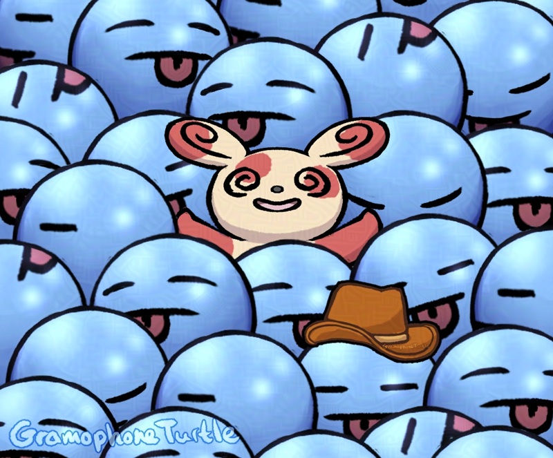 Digital art of a Spinda from Pokemon in a slime ball pit. One of the slime balls has the Spinda's cowboy hat.
