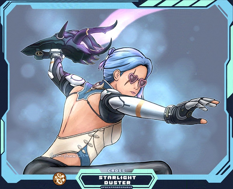 Digital art of a Xenoblade X avatar/Cross called Cross from the back and facing to the right, zoomed out and with a blue border. Her arm is raised up in front of her and her Steelbreaker Lightblade II photon saber raised above her head. The Art's name "STARLIGHT DUSTER" is written in white at the bottom, with "CROSS" written above and "SPOCKPANDASAURUS", the Cross's owner, written below.