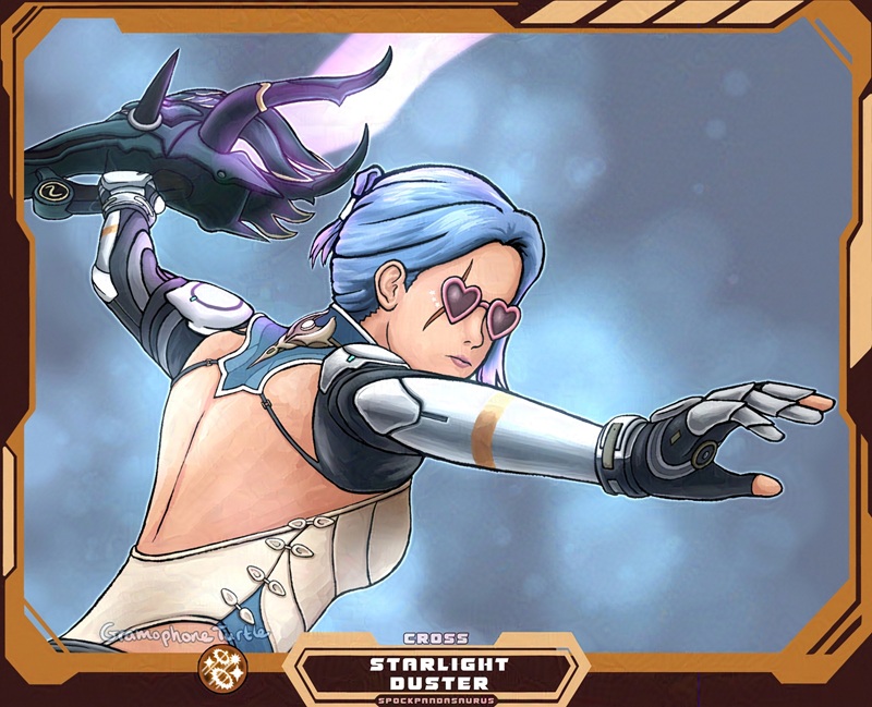 Digital art of a Xenoblade X avatar/Cross called Cross from the back and facing to the right, zoomed in and with an orange border. Her arm is raised up in front of her and her Steelbreaker Lightblade II photon saber raised above her head. The Art's name "STARLIGHT DUSTER" is written in white at the bottom, with "CROSS" written above and "SPOCKPANDASAURUS", the Cross's owner, written below.