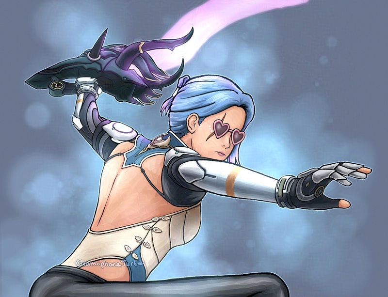 Digital art of a Xenoblade X avatar/Cross called Cross, belonging to spockpandasaurus, from the back and facing to the right with no border. Her arm is raised up in front of her and her Steelbreaker Lightblade II photon saber raised above her head. 