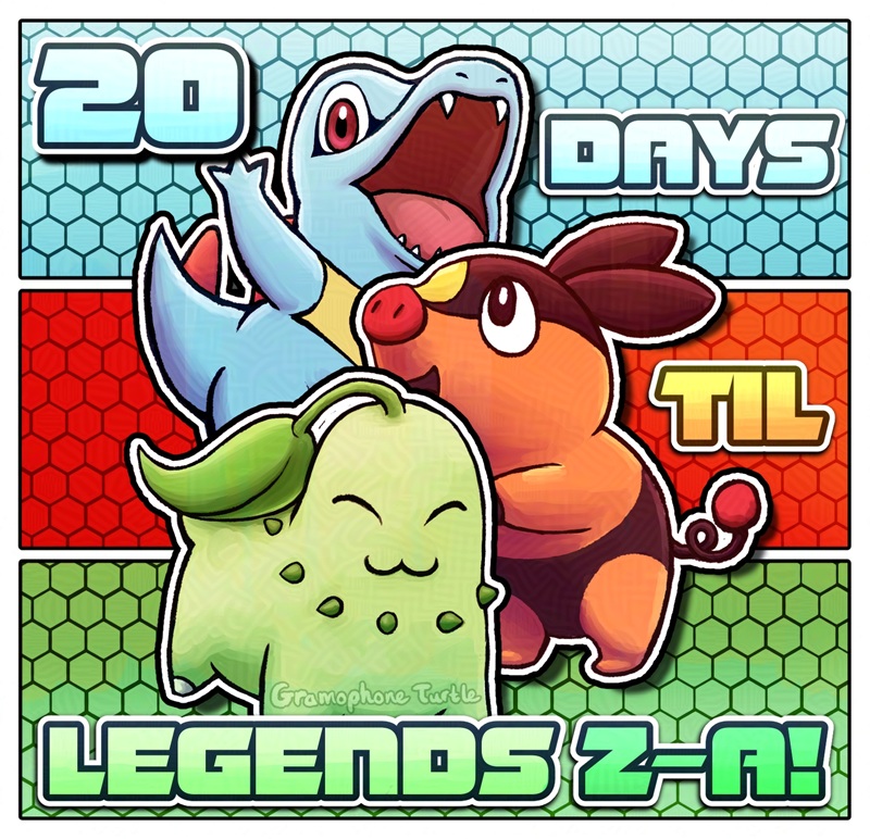 Digital art of Totodile, Tepig and Chikorita forming a tower over three coloured rectangles of hexagons from blue, red and green. The text says "20 DAYS TIL LEGENDS Z-A!".
