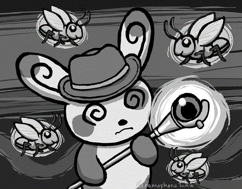 Digital art in grayscale of a Spinda wearing a cowboy hat frowns at a staff they are holding. Around them are four smiling glowing locusts.