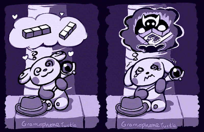 Digital art of a Spinda sleeping under a tree with a cowboy hat placed next to it while holding the staff from Void Stranger. The left one is dreaming of three white blocks in a row, while the right one has a nightmare of a horned creature staring them down from above a room with some blocks arranged like a backwards "C".