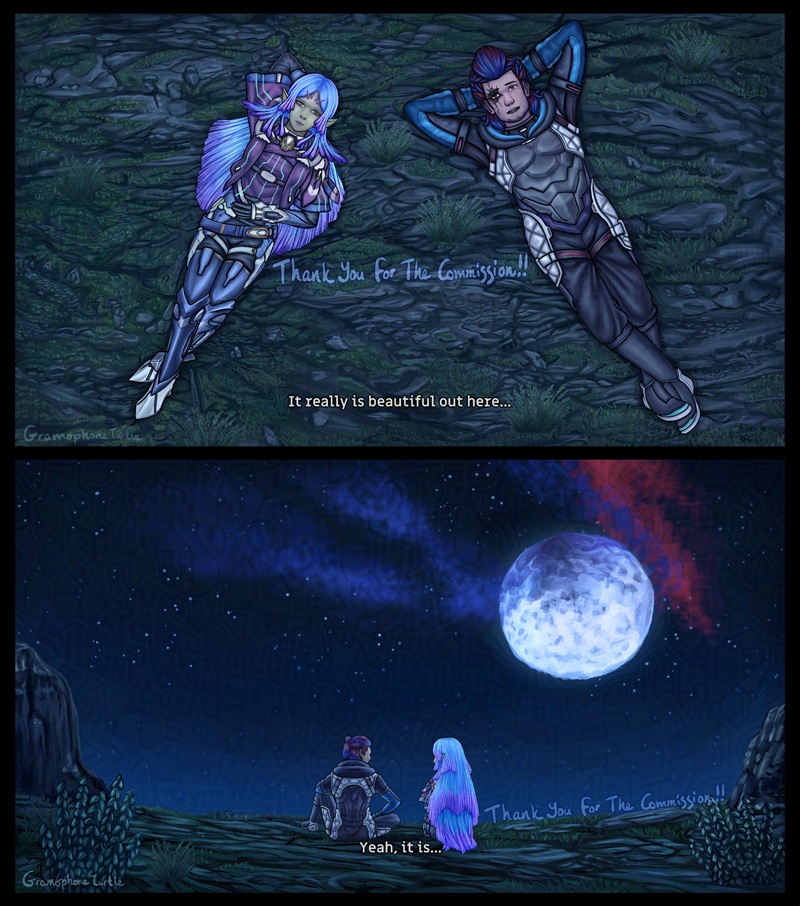 Digital art of two characters lying down on a rocky and grassy ground at night from Xenoblade X; a xeno with crystal hair on the left and a Cross called Apollo on the right. The bottom of the picture has text saying "It really is beautiful out here...". The xeno on the left has long crystal hair and is wearing a dark purple t-shirt hoodie with dark blue, black and silver form fitting armour all over her body. The man on the right has a dark mark around his right eye, long red and blue hair tied and braided back. He's wearing dark grey chest armour, a blue hoodie and white padded sections on his sides, and black sweats and boots.