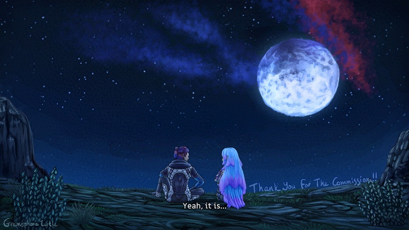 Two digital art images telling a story of two people laying down on the ground and then sitting up to show off a night sky with a bright full moon, stars, and blue and red space dust. Both characters are from Xenoblade X: a xeno with crystal hair on the left and an avatar/Cross called Apollo on the right. The bottom of the first picture has text saying "It really is beautiful out here..." and the bottom of the second image has text saying "Yeah, it is...". In the first picture, the xeno on the left has long crystal hair and is wearing a dark purple t-shirt hoodie with dark blue, black and silver form fitting armour all over her body. The man on the right has a dark mark around his right eye, long red and blue hair ties and braided back. He's wearing dark grey chest armour, blue hoodies and white padded sections on his sides, and black sweats and boots. When they are sitting up in the second picture, they are facing a bit towards each other while looking out at the night sky.