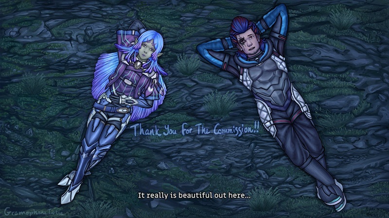 Digital art of the same two people but now sitting up and looking slightly towards each other as they face the starry night sky with a bright full moon, and blue and red space dust. The bottom of the screen has text saying "Yeah, it is...". Some of the foliage and large rocks surrounding them are visible at the bottom and sides of the image.