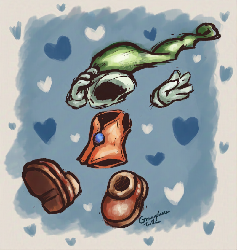 Digital art of the Invisible Boy from Moon RPG. He has an invisible body, wearing a long green nightcap with a white rim, white gloves, a red/orange vest with a big blue button, and large brown shoes. There is there a brushed out light blue background as a square, with dark, light and medium blue hearts surrounding him.