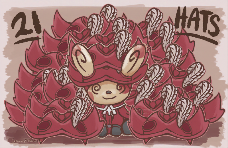 Digital art of a Spinda wearing a Red Mage outfit from the Final Fantasy series. The Spinda is wearing two hats and has another 19 hats surrounding them. The text at the top says "21 HATS".