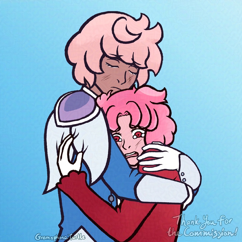 Digital art of Taii and Flower from WonderLab, hugging each other from the side. Taii has their eyes closed as they hug Flower, who is upset and has tears in their eyes. Both characters have their hair slightly ruffled up and have scuff marks on their faces, and Flower has lost their arm band.