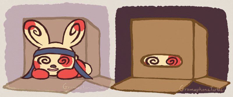 Digital art of two Spindas - one is hiding in a box, and the other reveals the Spinda inside the box is wearing Snake's bandana from Metal Gear Solid, and smiling.