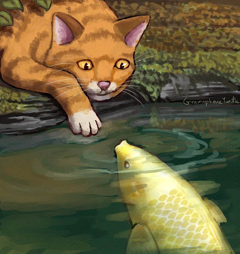 Digital art painting of an orange cat with white paws and a nose looking down at a Hikari Muji Koi Fish, rising out of the water. Mikan, the orange cat, tentatively reaches a paw out towards the approaching fish as she crouches down on the ledge of a rocky and mossy pond edge.