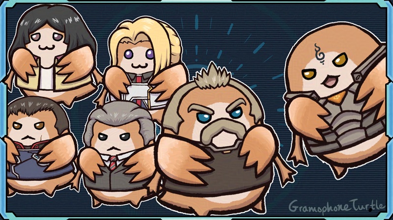 Digital art of 6 Nopons from Xenoblade dressed as different Xenoblade X characters: Hope, Eleonora, Nagi and Maurice are looking away while Vandham and Boze are confronting each other.