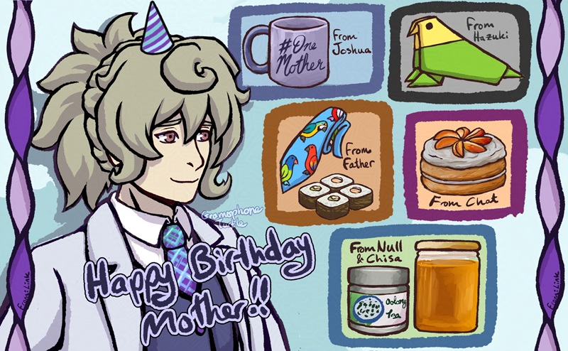 Digital art of my OC, Mother, looking at her birthday gifts! A # One Mother mug from Joshua, an origami parrot from Hazuki, an awful parrot tie and tasty maki rolls from Father, some orange looking fruit cake from Twitch chat, and oolong tea and honey from Null and Chisa. LinkOfHyrule provided the birthday streamers!