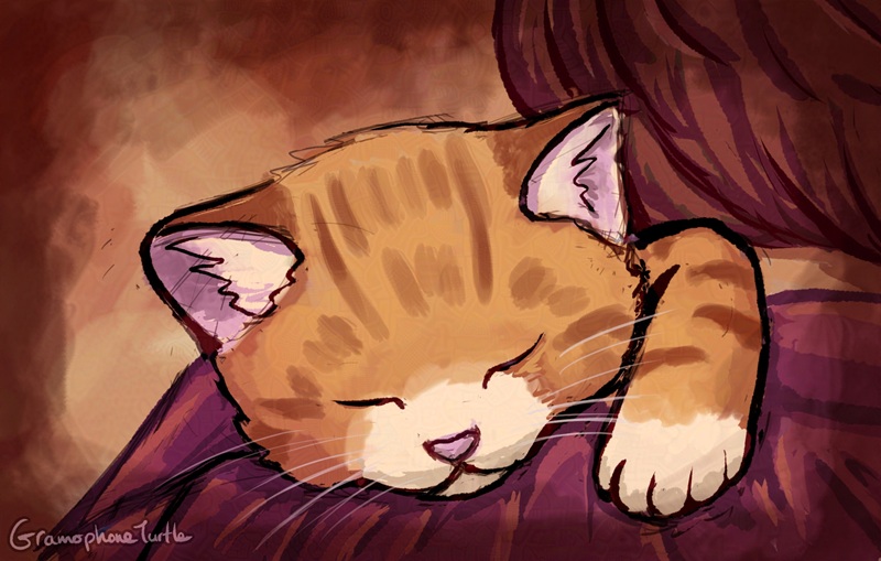 Digital art of a small orange cat sleeping over the shoulder of a man wearing a red-purple top and short red-brown hair. The man has no Reaper Wings.