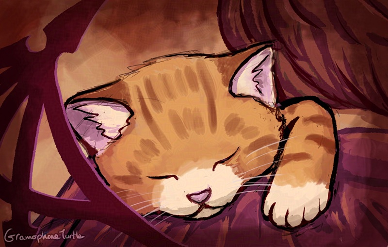 Digital art of a small orange cat sleeping over the shoulder of a man wearing a red-purple top and short red-brown hair. The man has Reaper Wings coming out of his back.