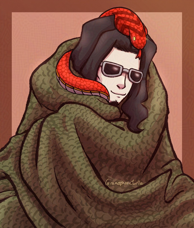 Digital art of Megumi Kitaniji from The World Ends With You wrapped in a green scale patterned blanket and a red cobra plushie resting on his head and going down by the side of his face.