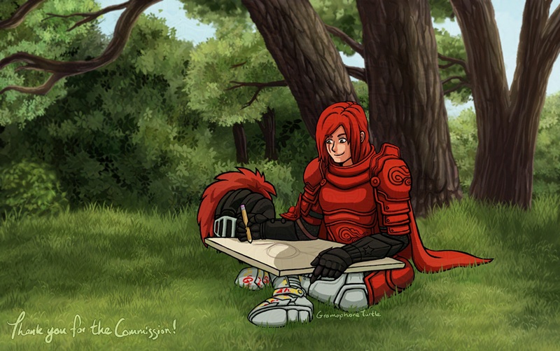 Digital art of Swiftdrawer, who belongs to Swiftdrawer, sits in a forest area during a sunny day sketching on a fresh drawing canvas. Swiftdrawer has red hair, a scar over their right eye, and wears red and silver amour. They smile, with the sun and trees facing their back as they begin sketching with a pencil on their canvas. Their helmet is off and placed beside them.