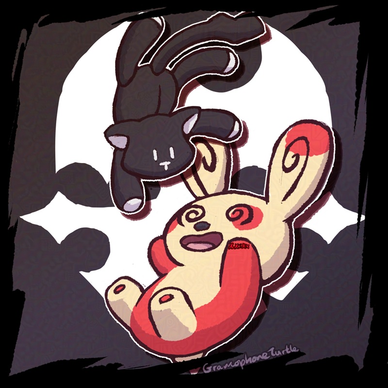 Digital art of Spinda from Pokemon and Mr. Mew from The World Ends With You, floating or falling as they curl around and face each other. Behind them is the Player Pin symbol from The World Ends With You.