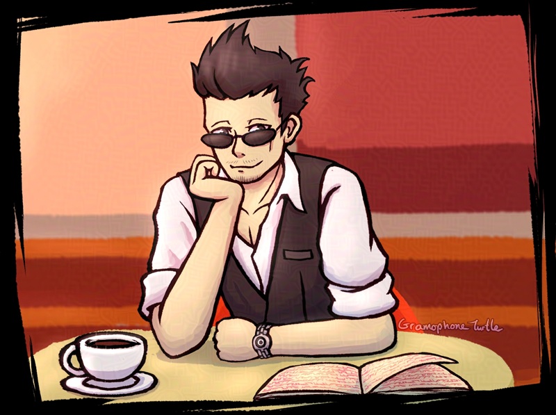 Digital art of Sane Hanekoma from The World Ends With You. He's sitting at a table at Wildkat, smiling and looking down at a notebook with angular squiggles written in it. There is a cup of coffee beside him, and a black scribbly border surrounds him.