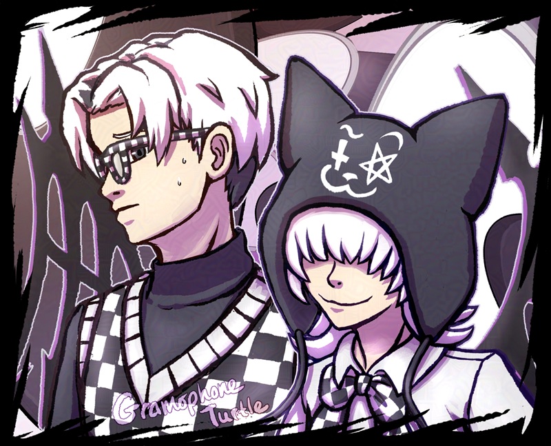 Digital art of The World Ends With You OCs, Tesuji and Seki, belonging to Dark_Spark on ArtFight. Seki in the front right is wearing a black CAT toque/beanie with a black and white checkered bow. Tesuji in the back is looking at Seki from the side, uneasy, wearing checkered glassed and vest. They both have one Reaper wing each. The background is layered with Go pieces of various sizes.