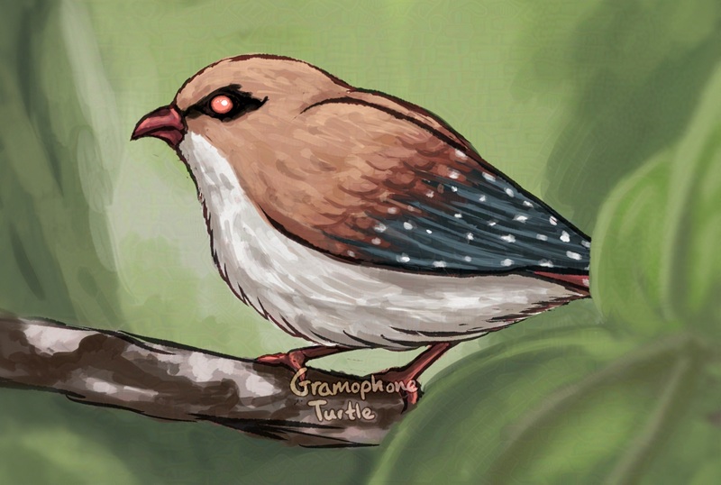 Digital art of Dark Overlord of Rainbows's OC, Mirza, a strawberry finch. Mirza is perched on a branch at a side angle, surrounded by nature.