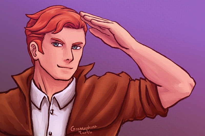 Digital art of Gunnar Volk, Laridian's OC from Fallout New Vegas. He has short red hair and blue-green eyes and has one hand raised up over his eyes, as if he is looking out for someone or something, wearing a white dress shirt under a brown coat.