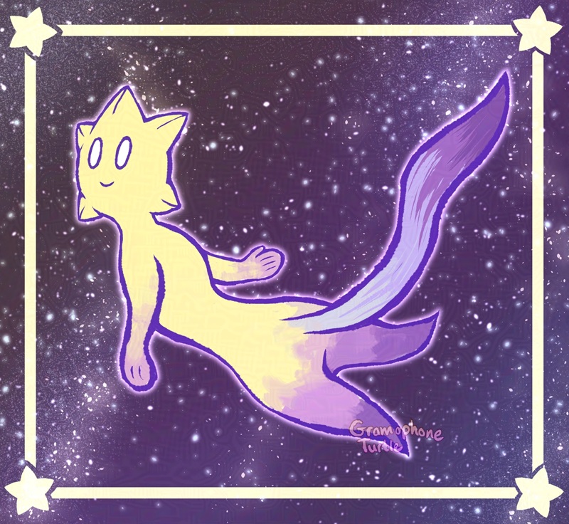 Digital art of Starling, who belongs to Krazy on ArtFight. Starling floats in space and is a being with a star shaped head, long body and tail that goes from yellow at the head to orange at the hand, pink/purple at the legs and blue/purple at the tail.