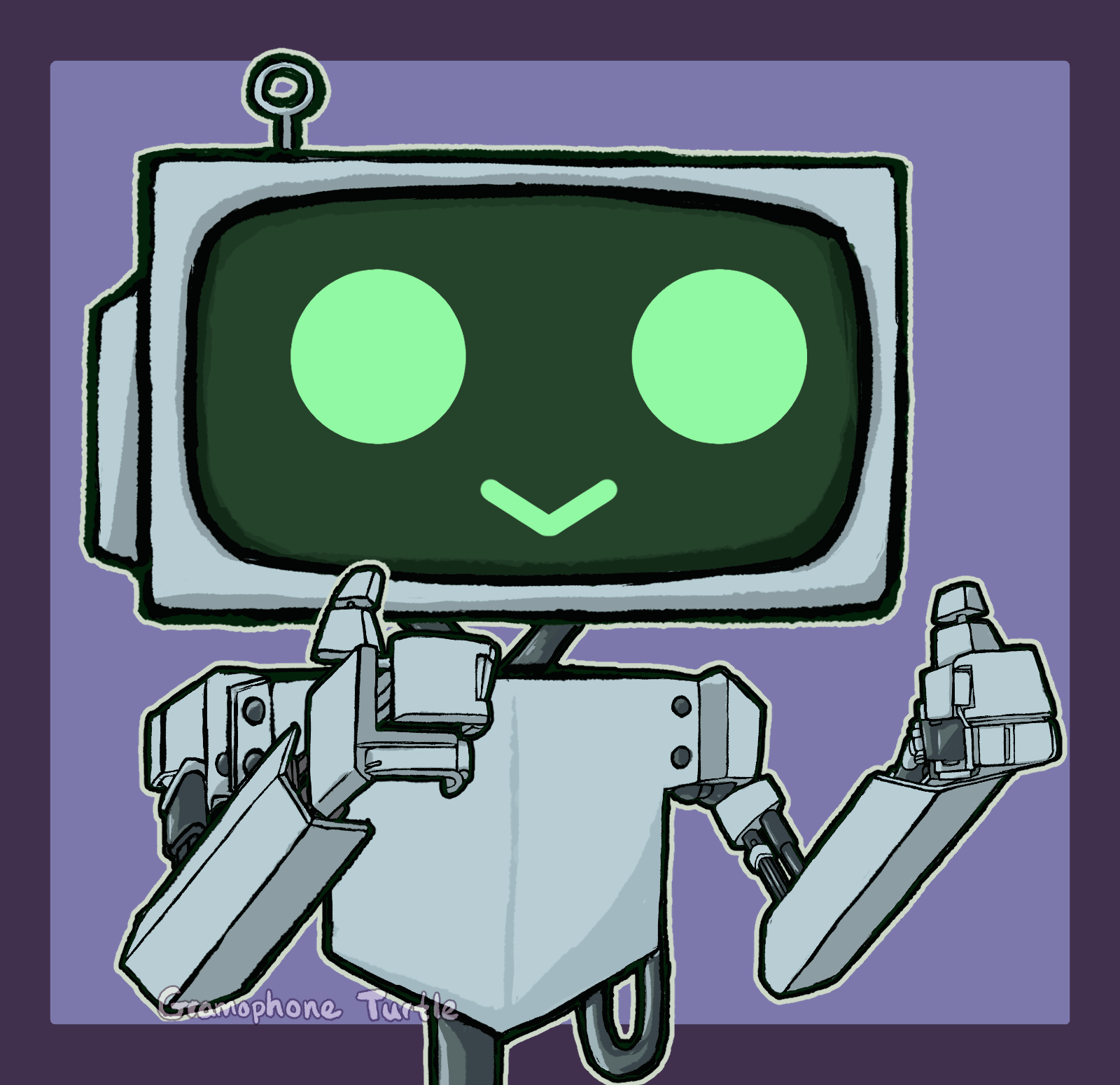 A gif of a robot called terminal-5, belonging to the technician, is a robot with a computer terminal head. He is giving a double thumbs up and his expressions cycle between smiling, a raised eyebrow, angry, mustache and glasses, sad, winking, squinting/closed eyes, and 'X's for eyes and mouth.
