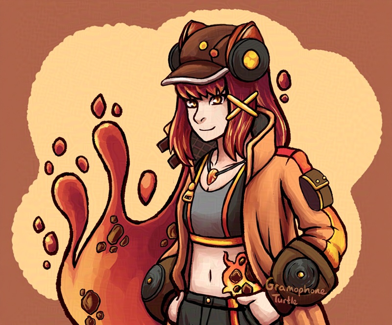 Digital art of an original character called Cinder, belonging to CrimsonVixen on ArtFight. Cinder is a lava/magma girl, with long dark red to light red-orange lava hair with rocks embedded inside, wearing a brown cap with pins and vinyl CDs on the side, a light orange cost with vinyl CDs on the dark brown sleeve cuffs, over a black and brown crop top and black shorts, with a lava marking on her left hip. They have a fiery coloured necklace and yellow eyes with two yellow barrettes on the side of their hair.