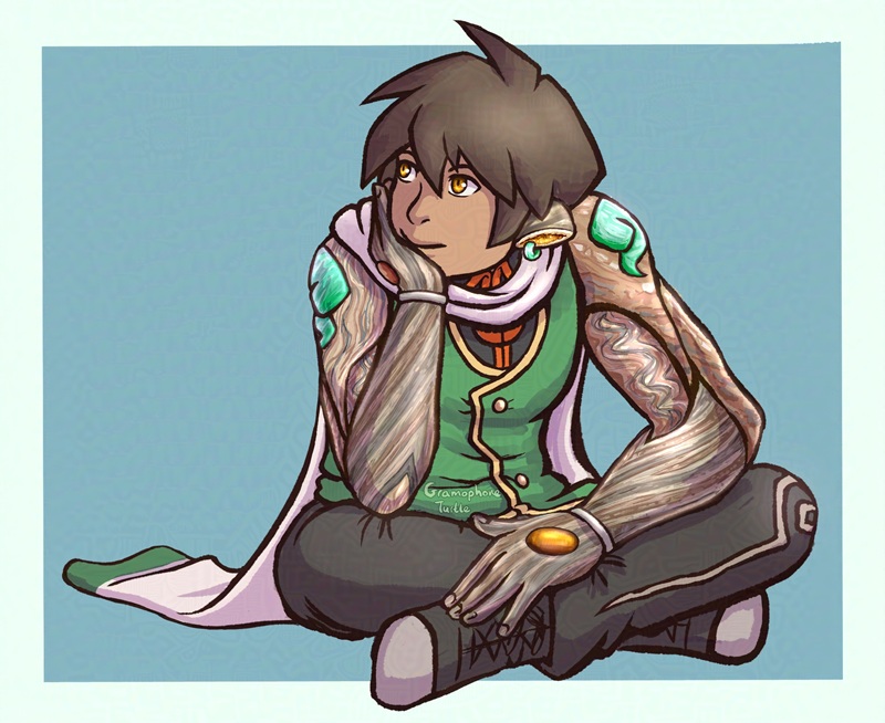 Digital art of Valen Louvel, belonging to errantsquam.heckingsne.cc on Bluesky. Valen sits cross-legged, thinking with his head tilted to his right. He has dark brown hair, with geode ears, jade earrings, a mixture of gneiss and sandstone arms with tiger's eye eyes and embedded on the back of his hands. His green vest goes over a black and red button-up shirt-changshan hybrid top. has black pants with black and silver shoes, and very long white scarf with a green horizontal stripe at the end.