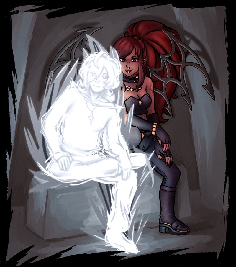 Digital Art of Rubi and Ignacio, two The World Ends With You OCs belonging to ClickBaitDemo. Rubi, an Angel, sits as his glowing form, perched onto a block, smiling. his hair over his right eye not fulling hiding his right eye, and wears a star necklace. Ignacio, a Reaper, sits perched behind Rubi. Ignacio's wings have a star and crescent moon shapes in them. He has long red hair tied back into a ponytail, and he wears gold chains, chokers, gloves bracelets and boots. Rubi acts as a light source, casting shadows from Ignacio's wings onto the background structures. A black TWEWY styled scribble border frames them.